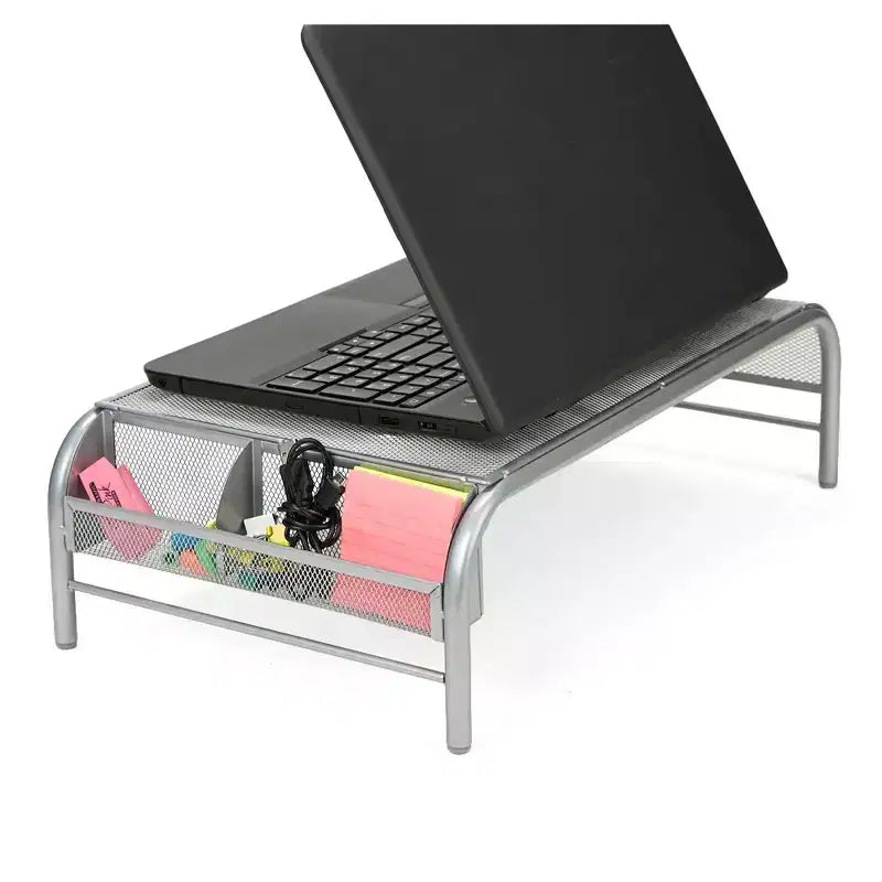 Mind Reader Monitor Stand, Ventilated Laptop Riser, Desktop Organizer, Side Storage, Metal Mesh, 20"L x 11.5"W x 5.5"H, Silver