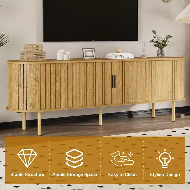 Modern TV Stand for TVs Up to 80, 70'' Fluted Entertainment Center with Storage & Sliding Door, TV Console Table, Sideboard Buffet Cabinet