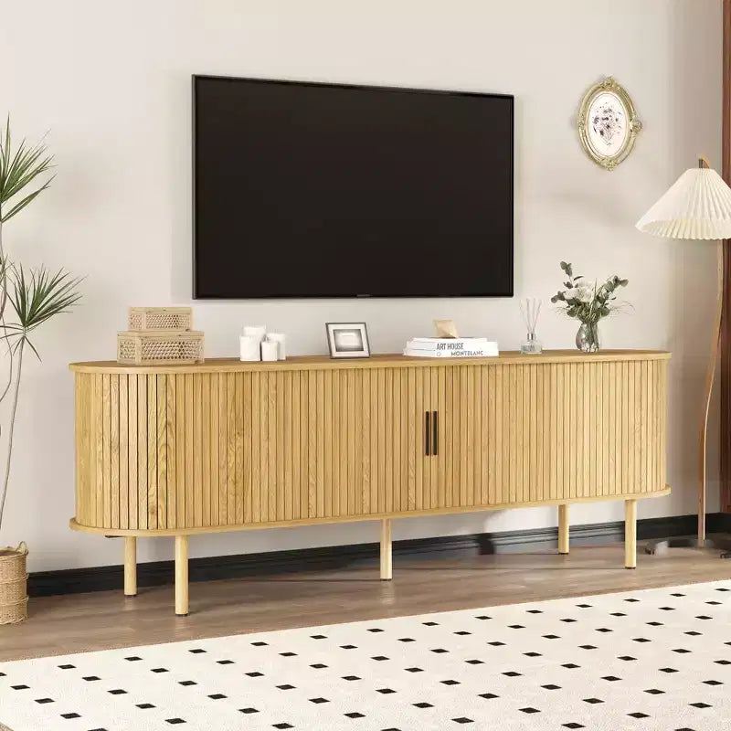 Modern TV Stand for TVs Up to 80, 70'' Fluted Entertainment Center with Storage & Sliding Door, TV Console Table, Sideboard Buffet Cabinet