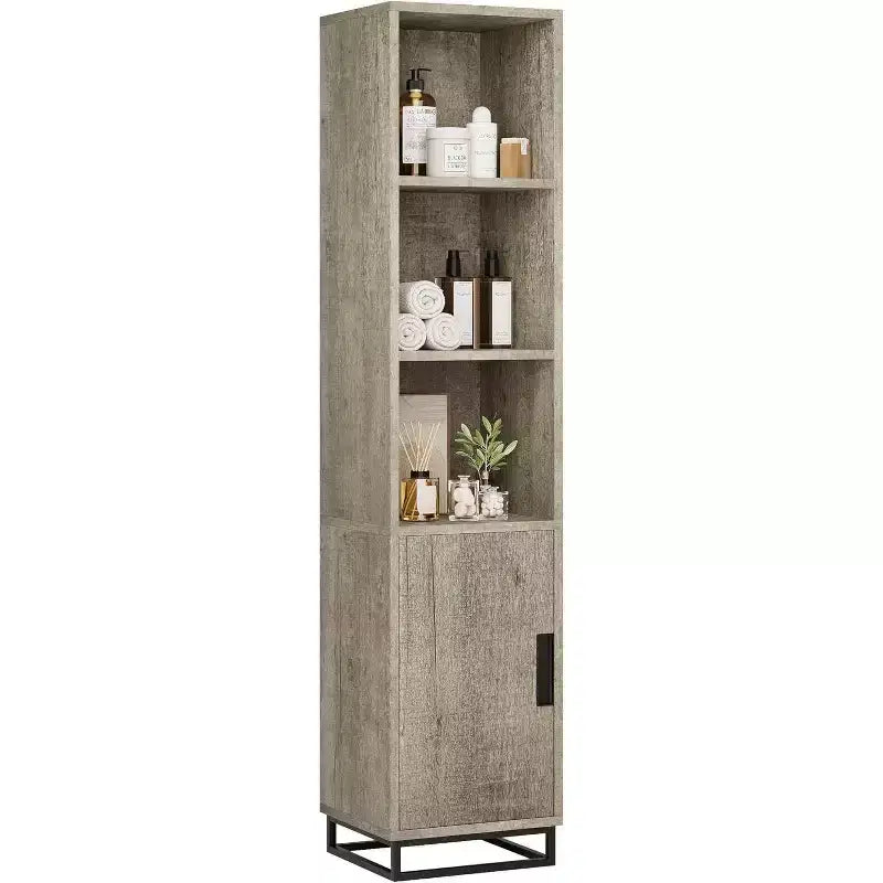 70-Inch Tall Narrow Bathroom Storage Cabinet with Door and Adjustable Shelves, Freestanding Open Storage Unit for Laundry Room, Living Room, Gray