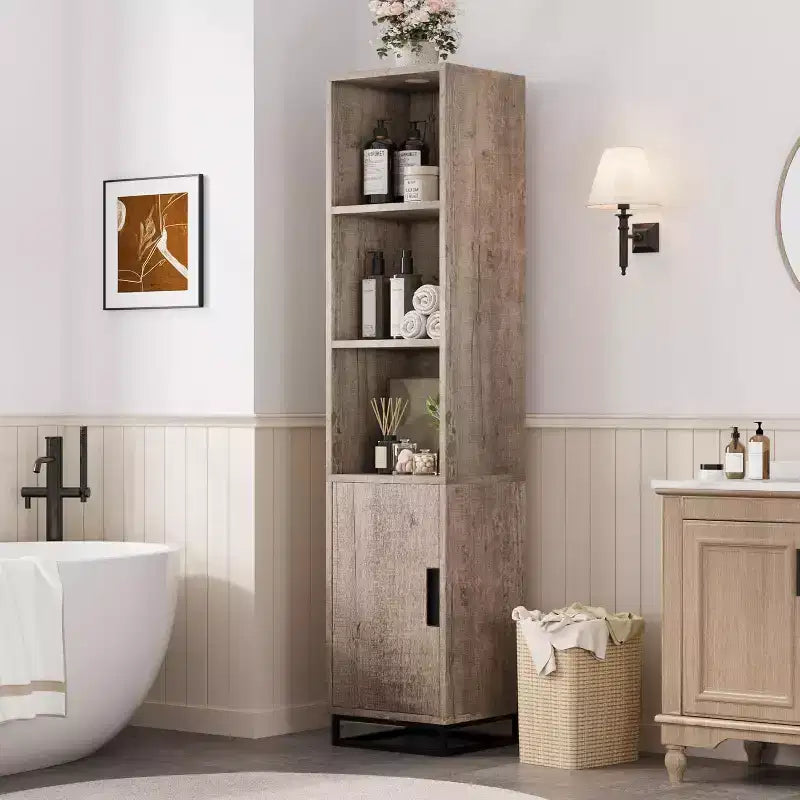 70-Inch Tall Narrow Bathroom Storage Cabinet with Door and Adjustable Shelves, Freestanding Open Storage Unit for Laundry Room, Living Room, Gray