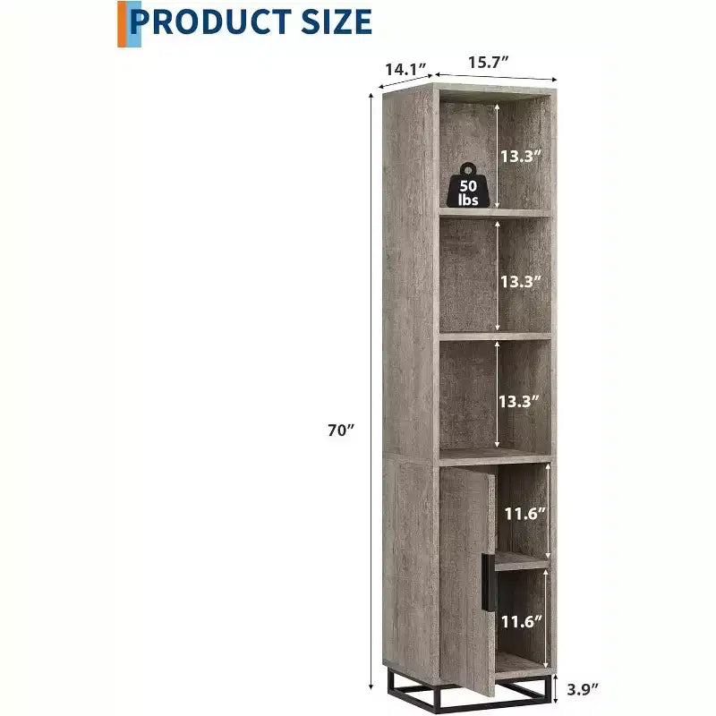 70-Inch Tall Narrow Bathroom Storage Cabinet with Door and Adjustable Shelves, Freestanding Open Storage Unit for Laundry Room, Living Room, Gray
