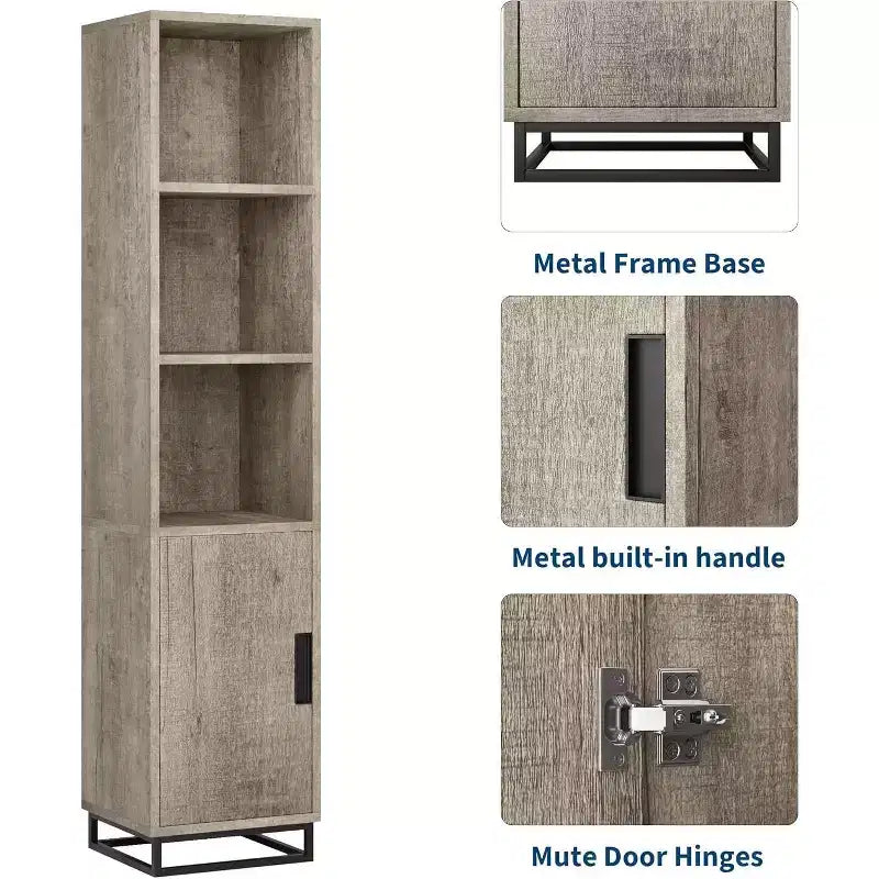 70-Inch Tall Narrow Bathroom Storage Cabinet with Door and Adjustable Shelves, Freestanding Open Storage Unit for Laundry Room, Living Room, Gray