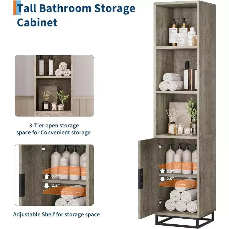 70-Inch Tall Narrow Bathroom Storage Cabinet with Door and Adjustable Shelves, Freestanding Open Storage Unit for Laundry Room, Living Room, Gray
