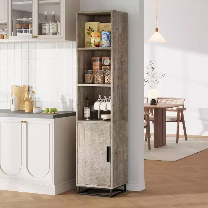 70-Inch Tall Narrow Bathroom Storage Cabinet with Door and Adjustable Shelves, Freestanding Open Storage Unit for Laundry Room, Living Room, Gray