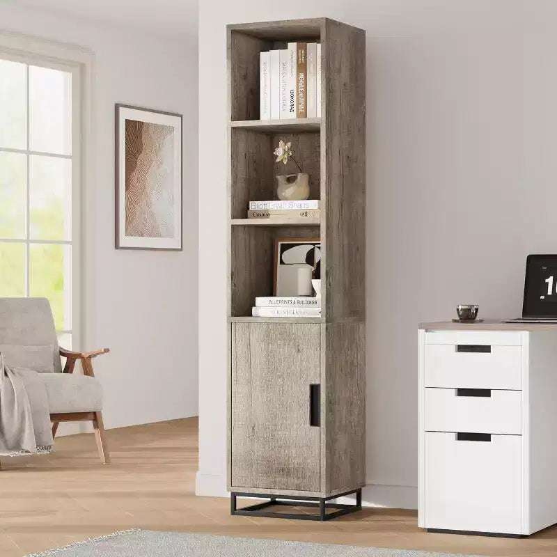 70-Inch Tall Narrow Bathroom Storage Cabinet with Door and Adjustable Shelves, Freestanding Open Storage Unit for Laundry Room, Living Room, Gray