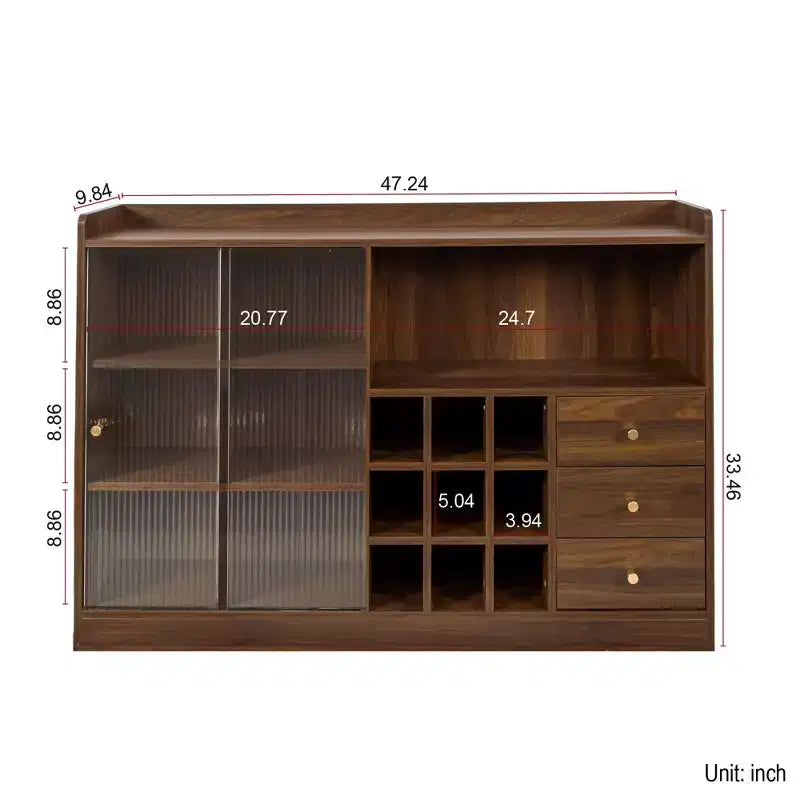 GDFStudio Bertha Modern 47.2 Wood Sideboard with 2 Sliding Glass Doors and 3 Drawers