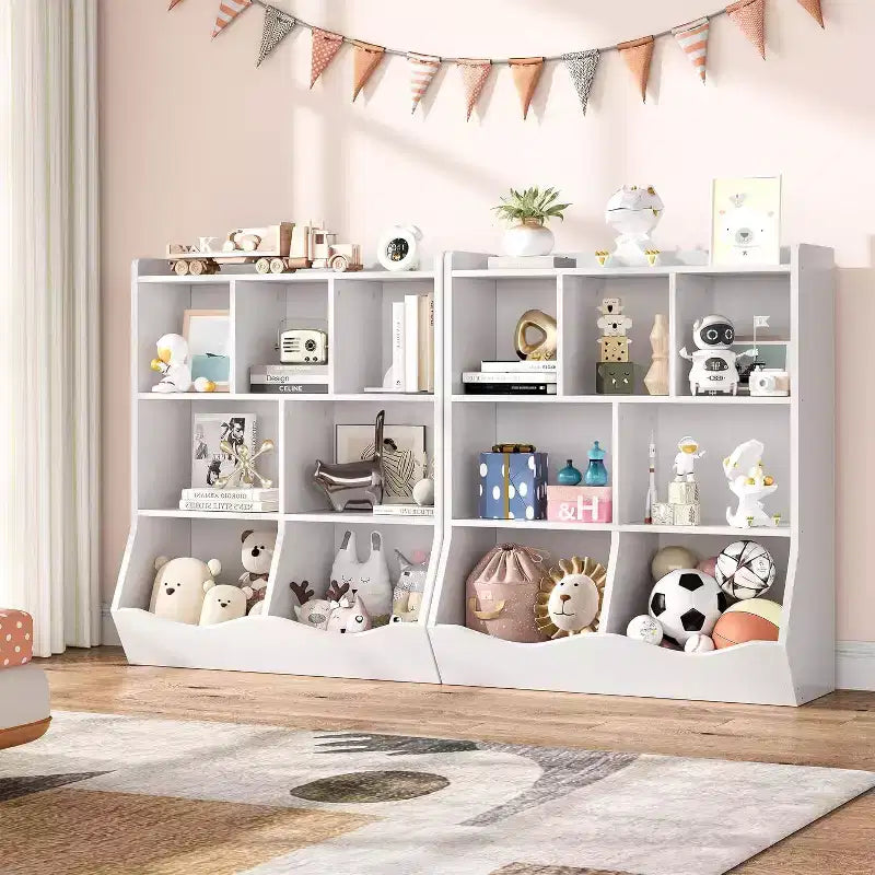 Acekool White Toy Storage Cabinet, 3-Tier Kids Bookshelf with Cubby Organizer, Open Compartments and Tilt Bins for Bedroom or Playroom
