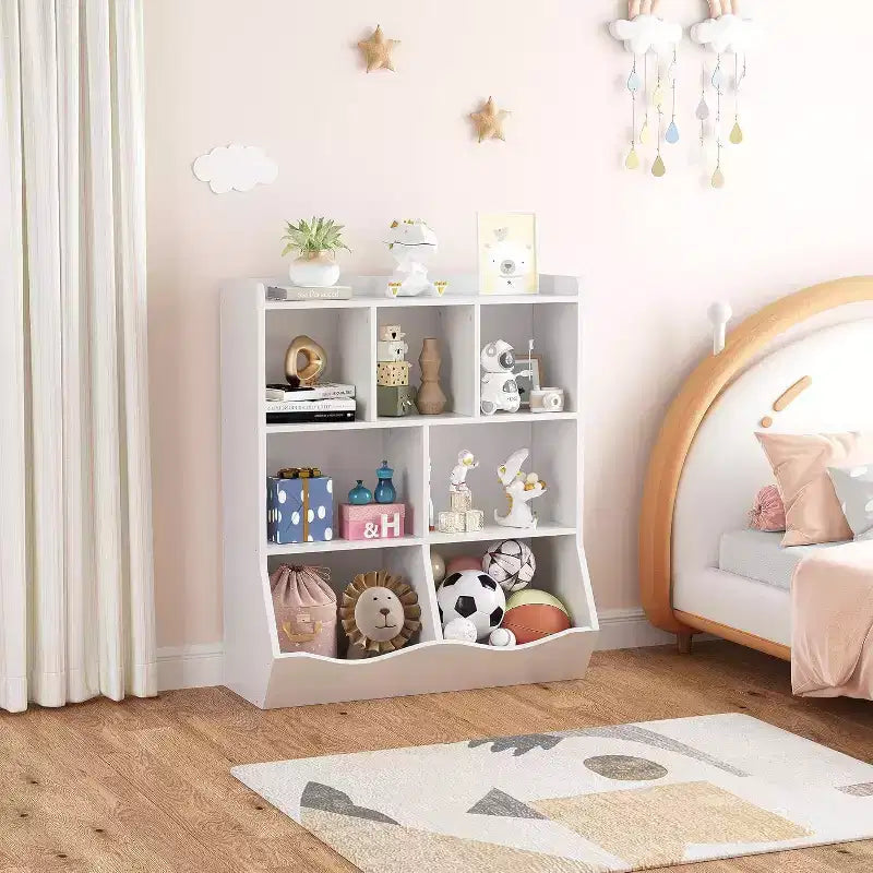 Acekool White Toy Storage Cabinet, 3-Tier Kids Bookshelf with Cubby Organizer, Open Compartments and Tilt Bins for Bedroom or Playroom