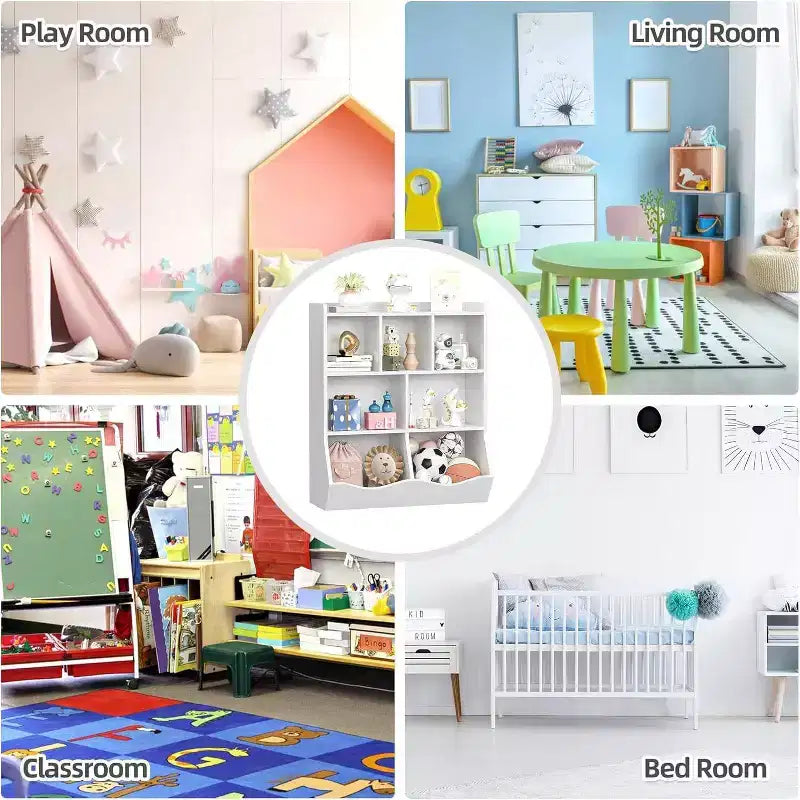 Acekool White Toy Storage Cabinet, 3-Tier Kids Bookshelf with Cubby Organizer, Open Compartments and Tilt Bins for Bedroom or Playroom