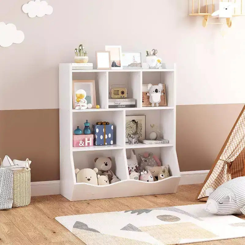 Acekool White Toy Storage Cabinet, 3-Tier Kids Bookshelf with Cubby Organizer, Open Compartments and Tilt Bins for Bedroom or Playroom