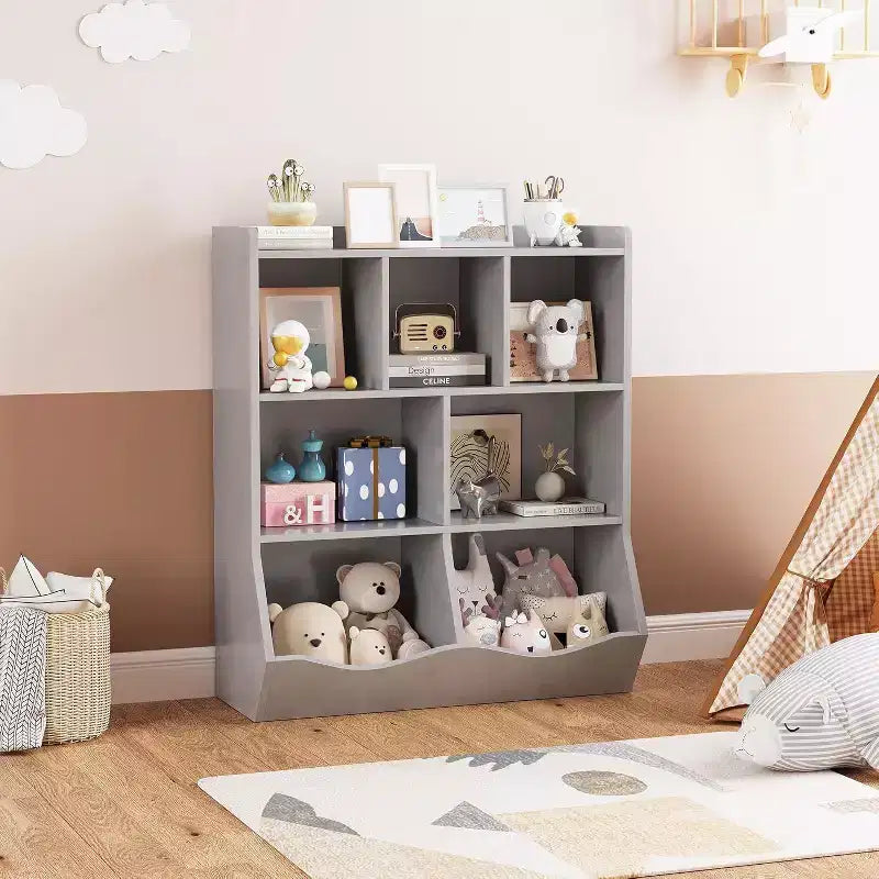 Acekool White Toy Storage Cabinet, 3-Tier Kids Bookshelf with Cubby Organizer, Open Compartments and Tilt Bins for Bedroom or Playroom