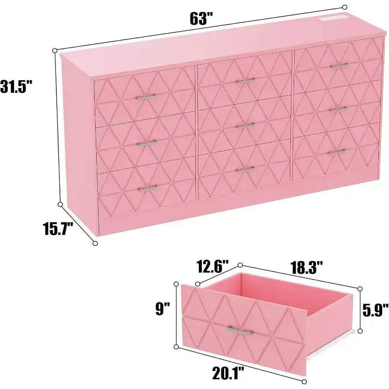 Acekool 9 Drawer Dresser, 63 Pink Dresser with Power Outlet & USB Ports, Modern Storage Chest for Bedroom, Living Room, Hallway
