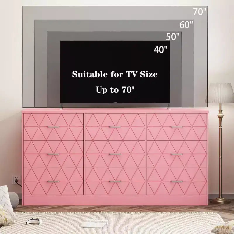 Acekool 9 Drawer Dresser, 63 Pink Dresser with Power Outlet & USB Ports, Modern Storage Chest for Bedroom, Living Room, Hallway
