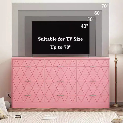 Acekool 9 Drawer Dresser, 63 Pink Dresser with Power Outlet & USB Ports, Modern Storage Chest for Bedroom, Living Room, Hallway