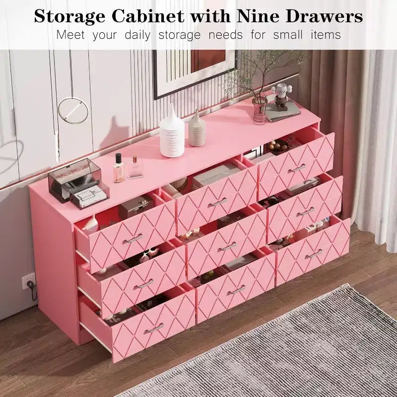 Acekool 9 Drawer Dresser, 63 Pink Dresser with Power Outlet & USB Ports, Modern Storage Chest for Bedroom, Living Room, Hallway