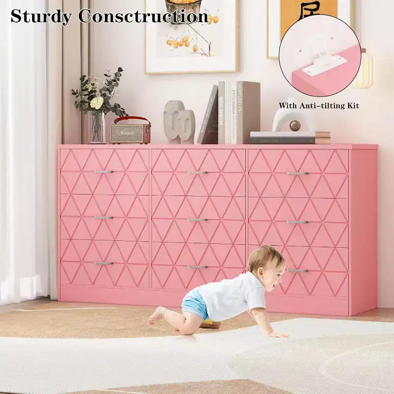 Acekool 9 Drawer Dresser, 63 Pink Dresser with Power Outlet & USB Ports, Modern Storage Chest for Bedroom, Living Room, Hallway