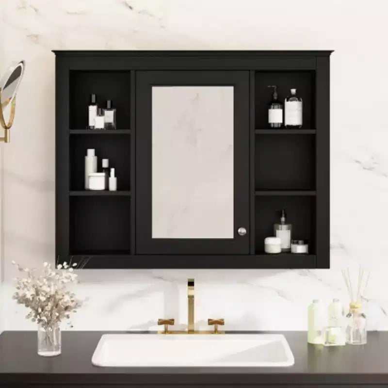 35'' x 27.5'' Medicine Cabinet, Wall Mounted Bathroom Storage Cabinet, Modern Bathroom Wall Cabinet with Mirror, Mirror Cabinet with 6 Open Shelves