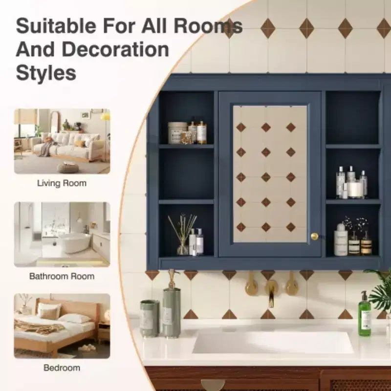 35'' x 27.5'' Medicine Cabinet, Wall Mounted Bathroom Storage Cabinet, Modern Bathroom Wall Cabinet with Mirror, Mirror Cabinet with 6 Open Shelves