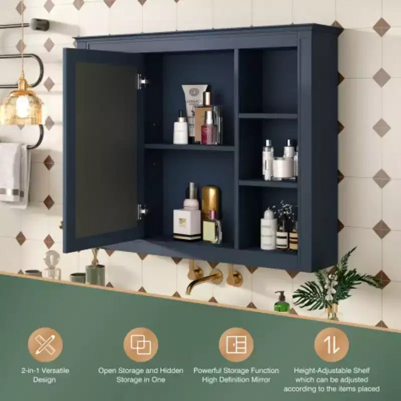 35'' x 27.5'' Medicine Cabinet, Wall Mounted Bathroom Storage Cabinet, Modern Bathroom Wall Cabinet with Mirror, Mirror Cabinet with 6 Open Shelves