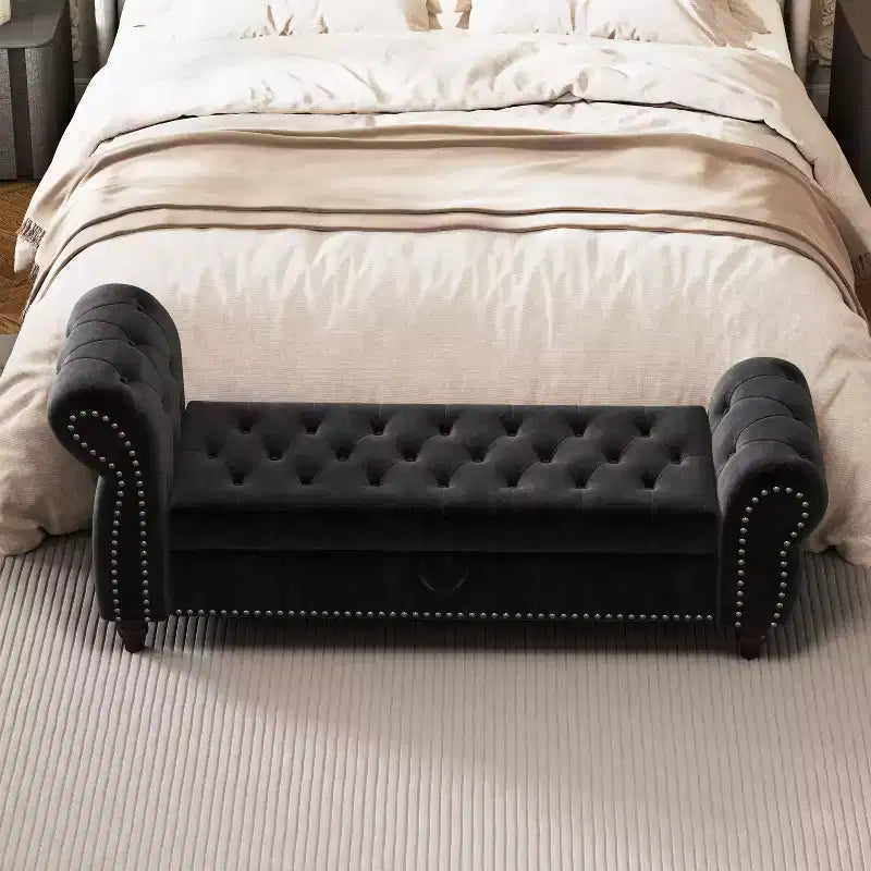TUYOHW Bed Bench for Bed Room Nails Tufted Chaise of Lounge with Storage Velvet Upholstery Bench, Navy Blue