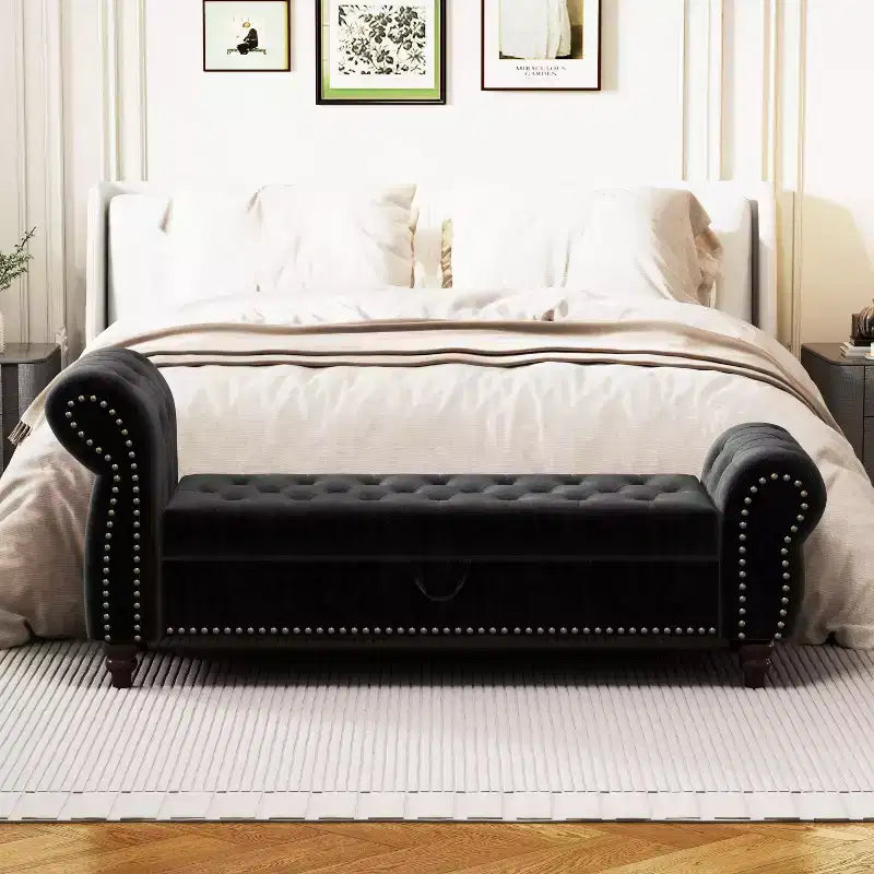 TUYOHW Bed Bench for Bed Room Nails Tufted Chaise of Lounge with Storage Velvet Upholstery Bench, Navy Blue