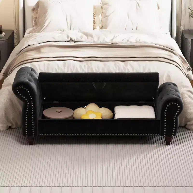 TUYOHW Bed Bench for Bed Room Nails Tufted Chaise of Lounge with Storage Velvet Upholstery Bench, Navy Blue