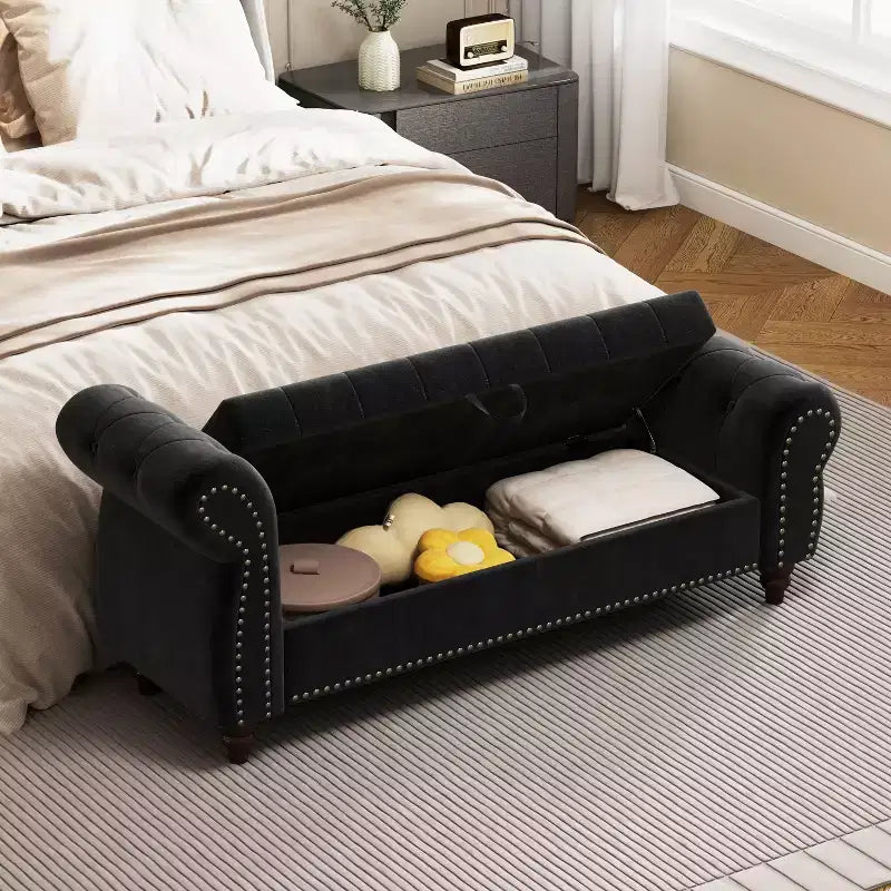 TUYOHW Bed Bench for Bed Room Nails Tufted Chaise of Lounge with Storage Velvet Upholstery Bench, Navy Blue
