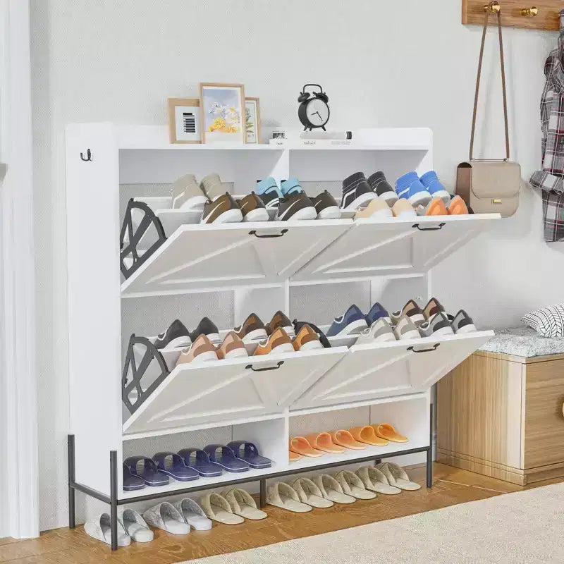 Shoe Cabinet with 4 Flip-Up Drawers Hidden Shoe Storage Cabinet with Open Storage for Entryway Hallway Bedroom Shoe Organizer Cabinet