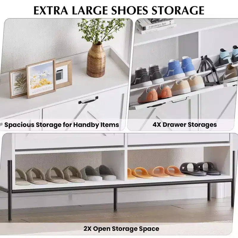 Shoe Cabinet with 4 Flip-Up Drawers Hidden Shoe Storage Cabinet with Open Storage for Entryway Hallway Bedroom Shoe Organizer Cabinet