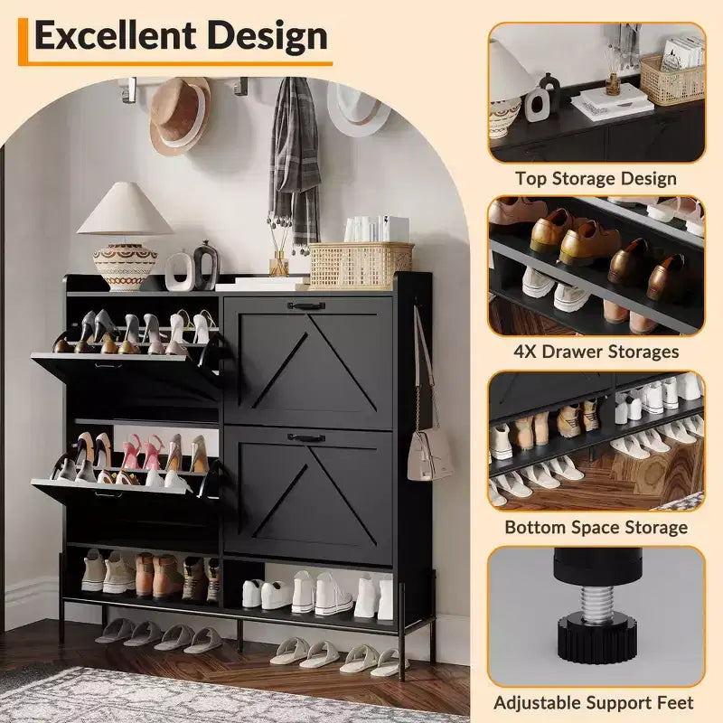 Shoe Cabinet with 4 Flip-Up Drawers Hidden Shoe Storage Cabinet with Open Storage for Entryway Hallway Bedroom Shoe Organizer Cabinet