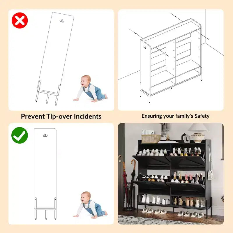 Shoe Cabinet with 4 Flip-Up Drawers Hidden Shoe Storage Cabinet with Open Storage for Entryway Hallway Bedroom Shoe Organizer Cabinet