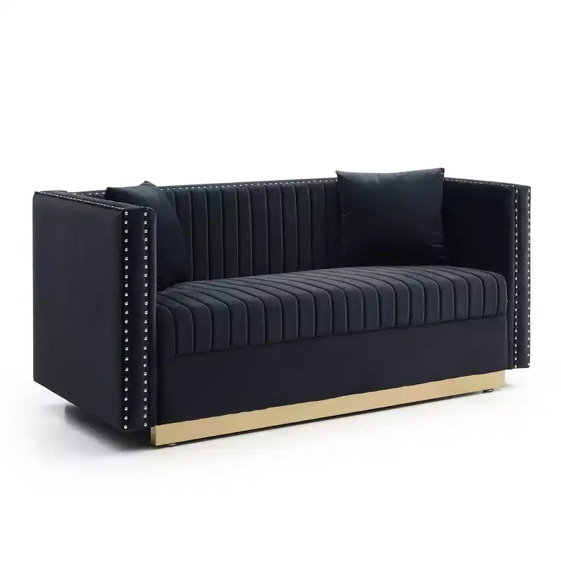 Velvet Loveseat 2-Seater Sofa Upholstered Couch with 2 Pillows, Nailhead Trimming & Low Back - ModernLuxe