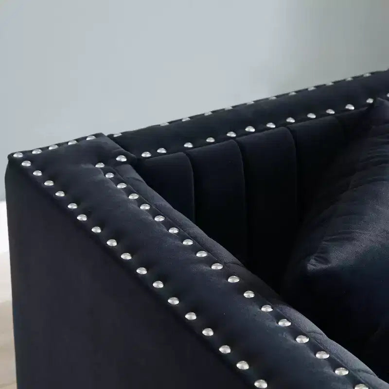 Velvet Loveseat 2-Seater Sofa Upholstered Couch with 2 Pillows, Nailhead Trimming & Low Back - ModernLuxe