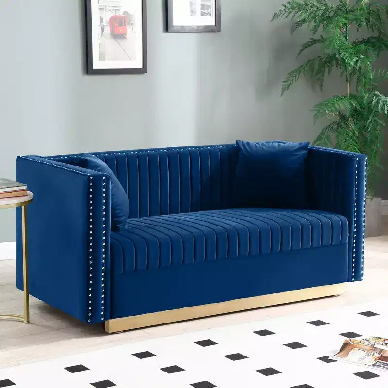 Velvet Loveseat 2-Seater Sofa Upholstered Couch with 2 Pillows, Nailhead Trimming & Low Back - ModernLuxe