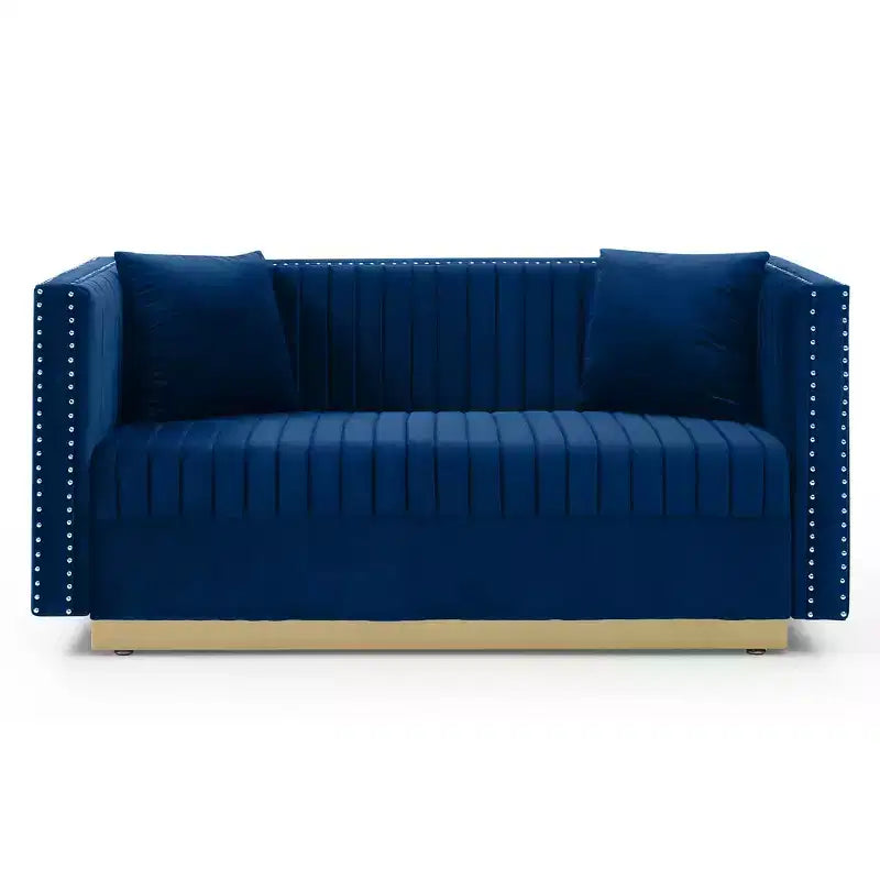 Velvet Loveseat 2-Seater Sofa Upholstered Couch with 2 Pillows, Nailhead Trimming & Low Back - ModernLuxe