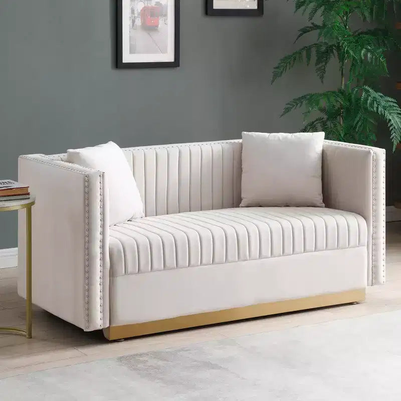 Velvet Loveseat 2-Seater Sofa Upholstered Couch with 2 Pillows, Nailhead Trimming & Low Back - ModernLuxe