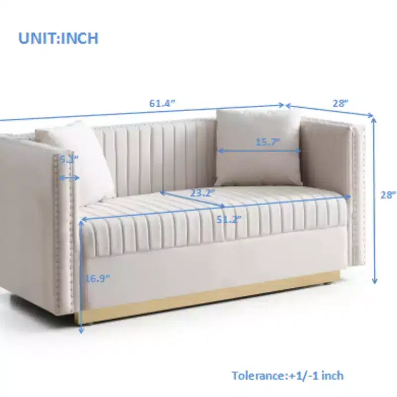 Velvet Loveseat 2-Seater Sofa Upholstered Couch with 2 Pillows, Nailhead Trimming & Low Back - ModernLuxe