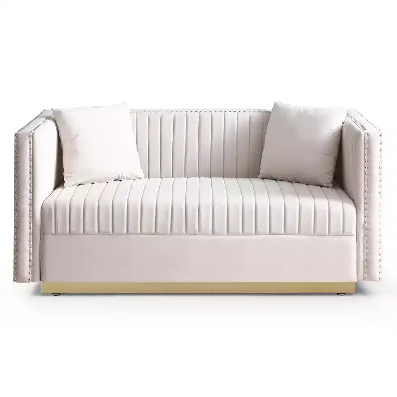 Velvet Loveseat 2-Seater Sofa Upholstered Couch with 2 Pillows, Nailhead Trimming & Low Back - ModernLuxe