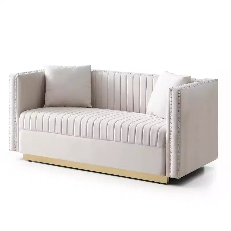 Velvet Loveseat 2-Seater Sofa Upholstered Couch with 2 Pillows, Nailhead Trimming & Low Back - ModernLuxe