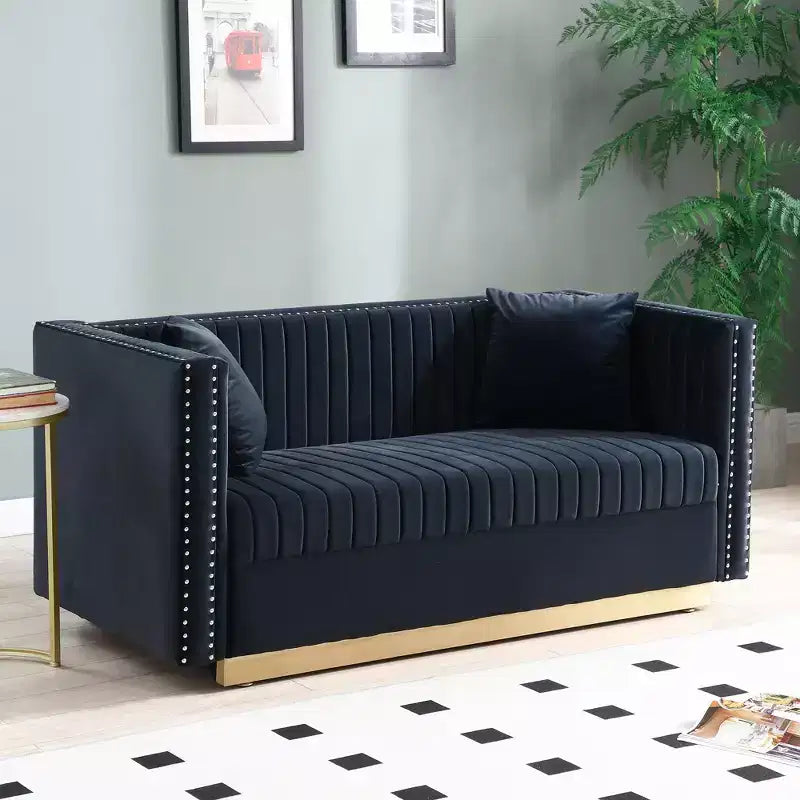 Velvet Loveseat 2-Seater Sofa Upholstered Couch with 2 Pillows, Nailhead Trimming & Low Back - ModernLuxe
