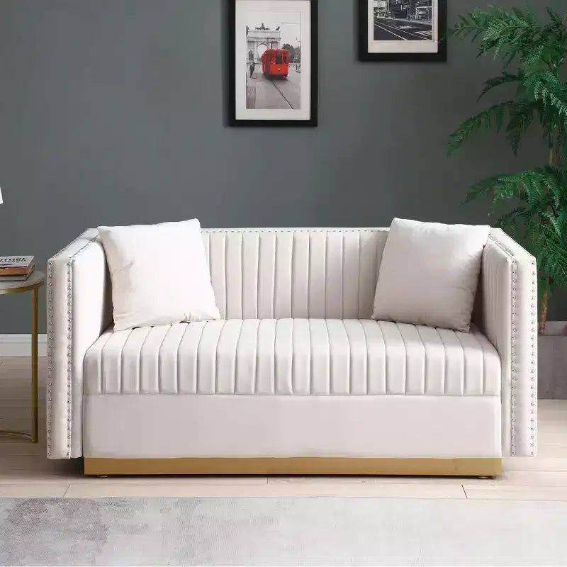 Velvet Loveseat 2-Seater Sofa Upholstered Couch with 2 Pillows, Nailhead Trimming & Low Back - ModernLuxe