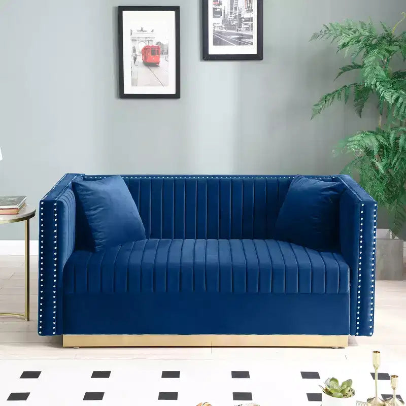 Velvet Loveseat 2-Seater Sofa Upholstered Couch with 2 Pillows, Nailhead Trimming & Low Back - ModernLuxe