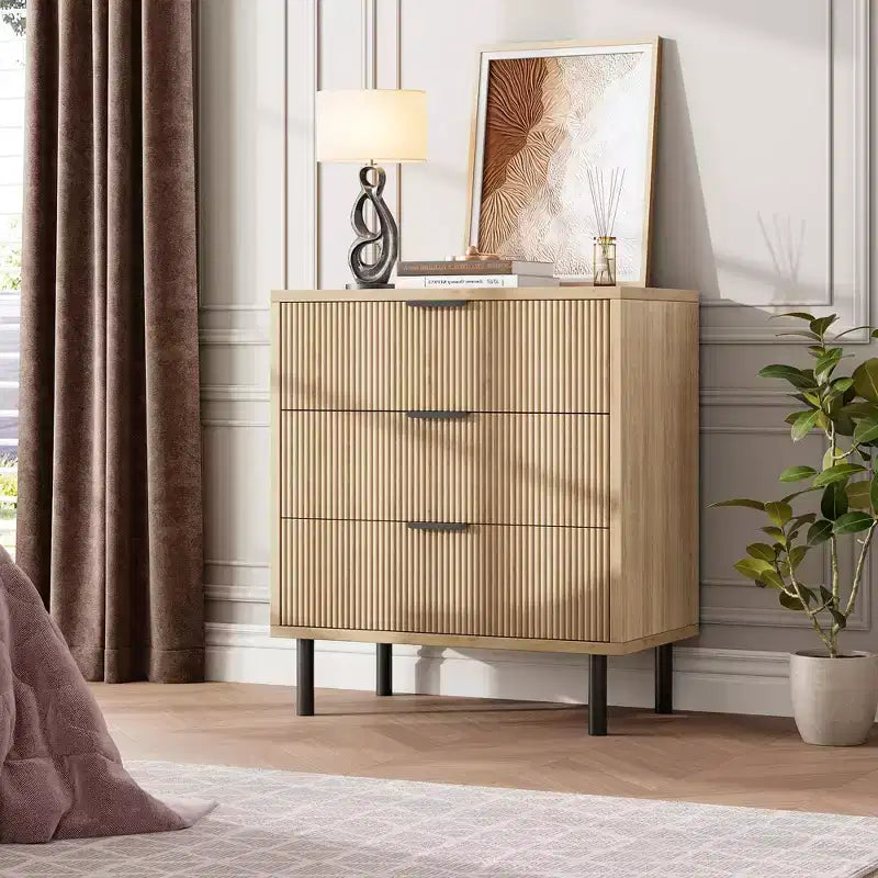 Fluted 3 Drawers Dresser, Wide Wood Chest of Drawers, Modern Storage Dresser Chest of Drawers Organizer with Metal Legs