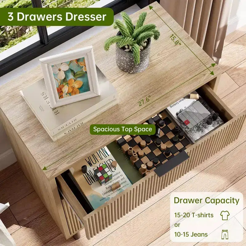 Fluted 3 Drawers Dresser, Wide Wood Chest of Drawers, Modern Storage Dresser Chest of Drawers Organizer with Metal Legs