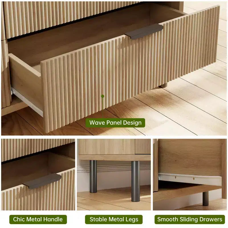 Fluted 3 Drawers Dresser, Wide Wood Chest of Drawers, Modern Storage Dresser Chest of Drawers Organizer with Metal Legs