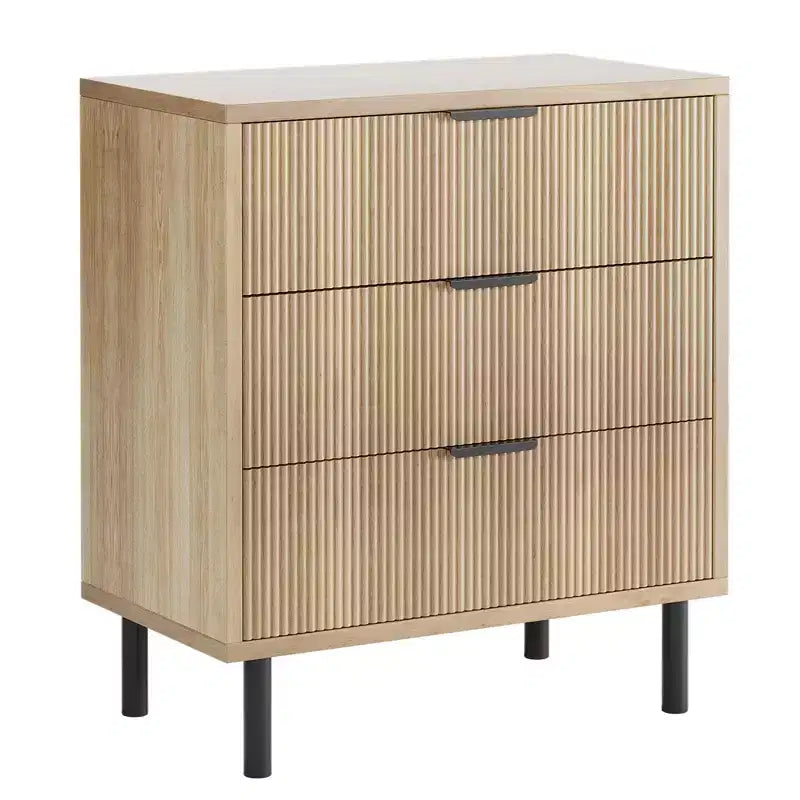 Fluted 3 Drawers Dresser, Wide Wood Chest of Drawers, Modern Storage Dresser Chest of Drawers Organizer with Metal Legs