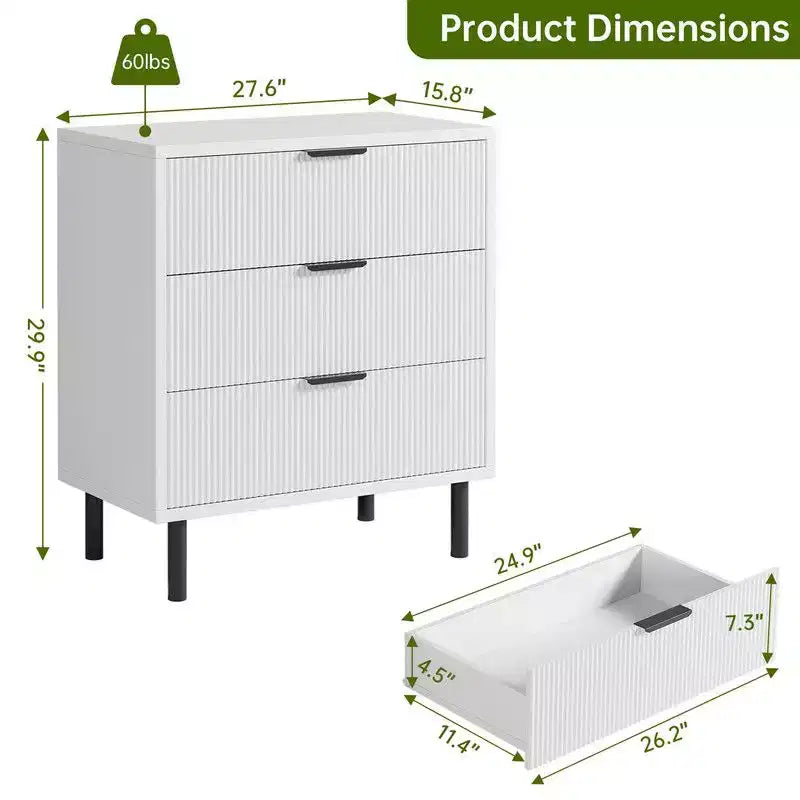 Fluted 3 Drawers Dresser, Wide Wood Chest of Drawers, Modern Storage Dresser Chest of Drawers Organizer with Metal Legs