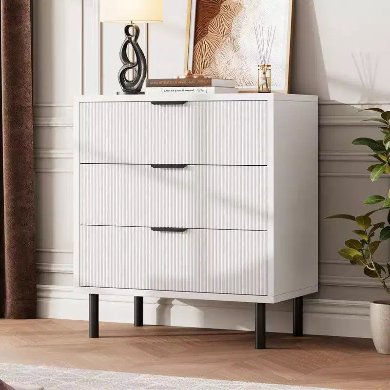 Fluted 3 Drawers Dresser, Wide Wood Chest of Drawers, Modern Storage Dresser Chest of Drawers Organizer with Metal Legs