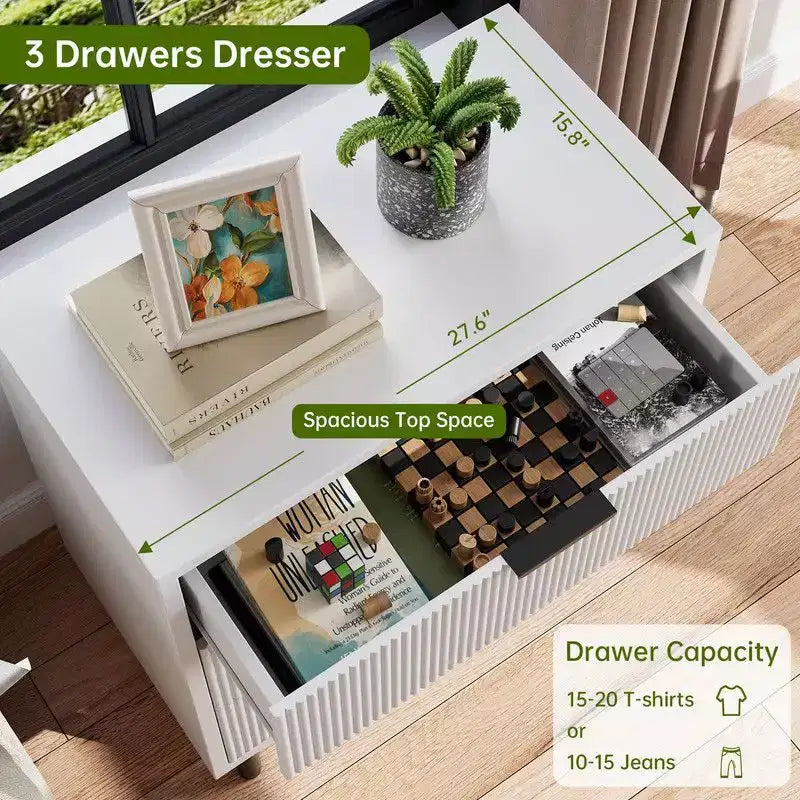 Fluted 3 Drawers Dresser, Wide Wood Chest of Drawers, Modern Storage Dresser Chest of Drawers Organizer with Metal Legs